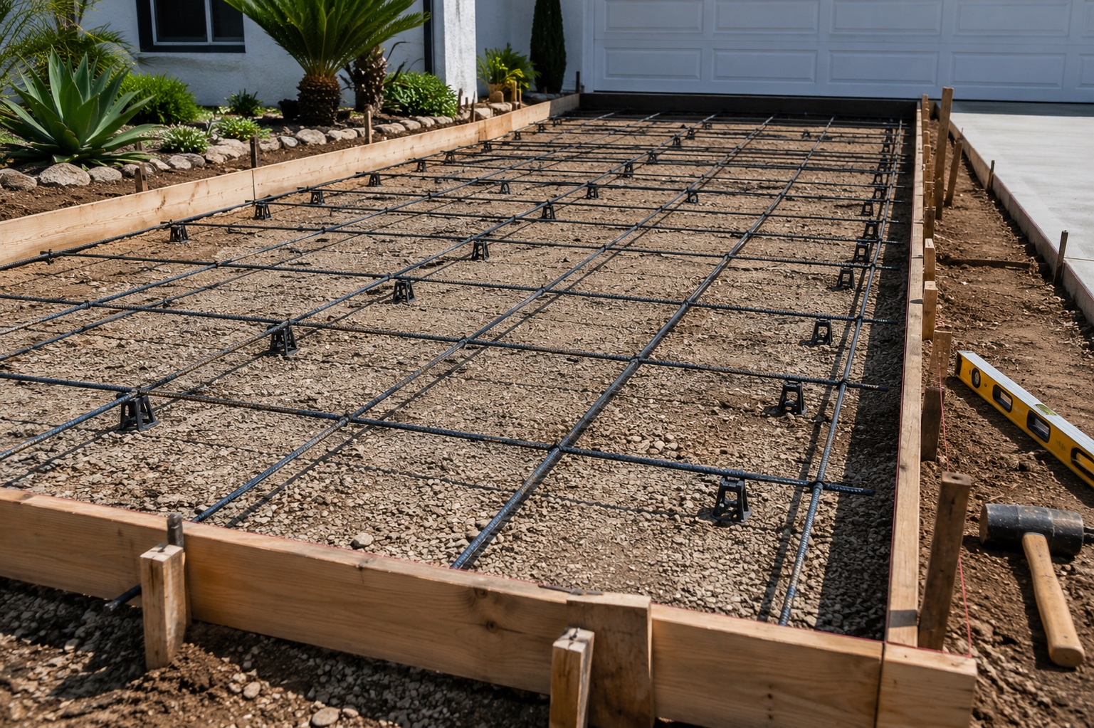 Concrete forms and rebar set before a pour in Santa Barbara