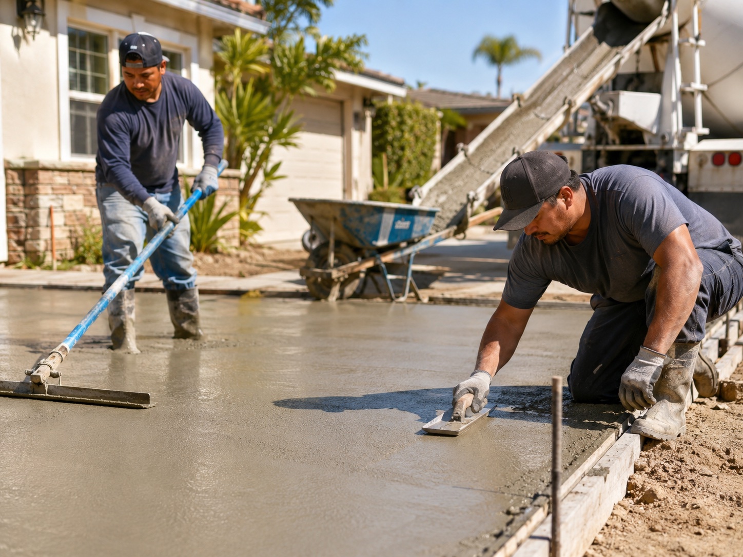 Crew finishing a fresh concrete pour in Santa Barbara, CA