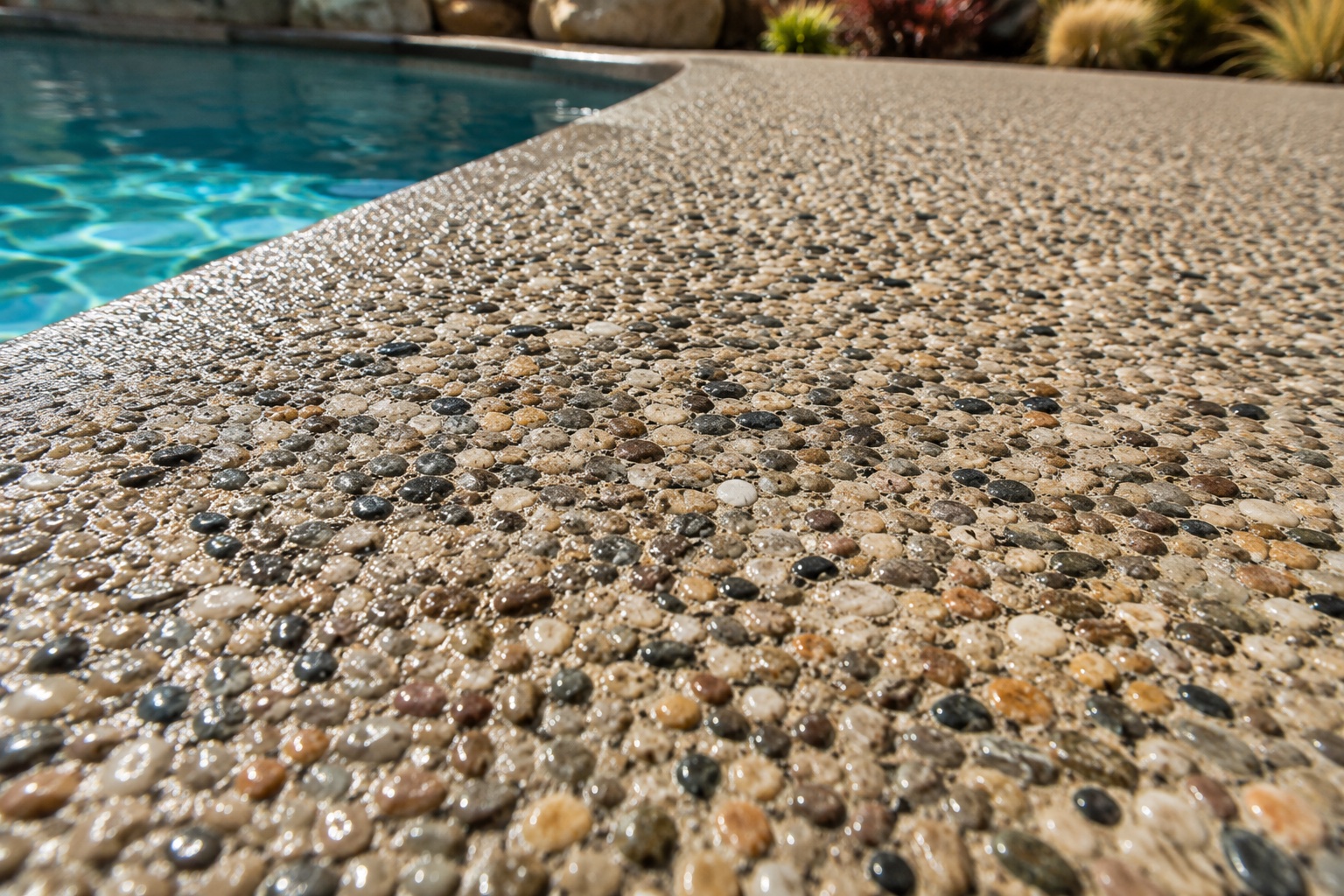 Exposed aggregate concrete finish on a Santa Barbara pool deck